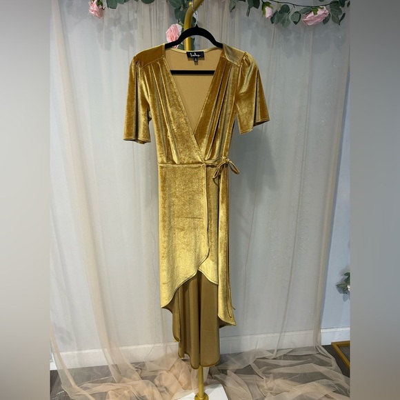 Lulus Amour Golden Yellow Velvet High-Low Wrap Dress - Picture 7 of 9